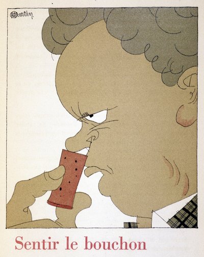 Feeling the cork - in ""Monseigneur le vin"", piirros Charles Martin (1884-1934), Etablissements Nicolas -vihkonen tekijältä Charles Martin