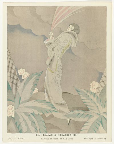 Gazette du Bon Ton 1923, nro 5, pl. 23: Emerald Woman - Tiger-takki, kirjoittanut Max-Leroy (otsikko esineessä) tekijältä Charles Martin