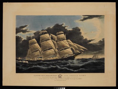 Clipper-alus Dreadnought Tuskar Lightin edustalla 12 1/2 päivän päässä New Yorkista sen juhlallisella siirtymisellä Liverpoolin telakkaan 13 päivässä ja 11 tunnissa joulukuussa 1854... (litografia, värillinen) tekijältä Charles & Mcfarlane Duncan (1818 1865) Parsons