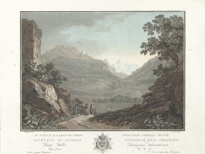 Berglandschap Zveitsissä Näkymä Oberhashin laaksoon (otsikko esineessä) Merkittävät näkymät Sveitsin vuorille (sarjan nimi) tekijältä Charles Melchior Descourtis