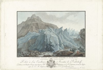 Gletsjer bij Grindelwald Lutschinen nousemassa ala-Grindelwaldin jäätikköstä. Bernin kantoni, Interlakenin maakunta (otsikko esineessä) Merkittävät näkymät Sveitsin vuorille (sarjan nimi) tekijältä Charles Melchior Descourtis
