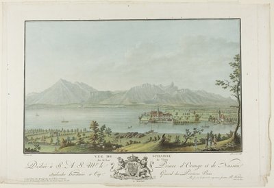 Näkymä Schadausta Thun-järven yli tekijältä Charles Melchior Descourtis