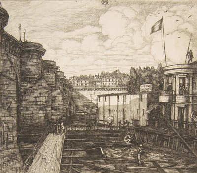 Bain-froid Chevrier Chevrierin kylmäkylpylaitos tai The School Baths, Pariisi, 1864. tekijältä Charles Meryon