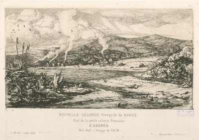 Pienen ranskalaisen Akaroan siirtokunnan osavaltio, kuva teoksesta "Etchings of the Pacific..." tekijältä Charles Meryon