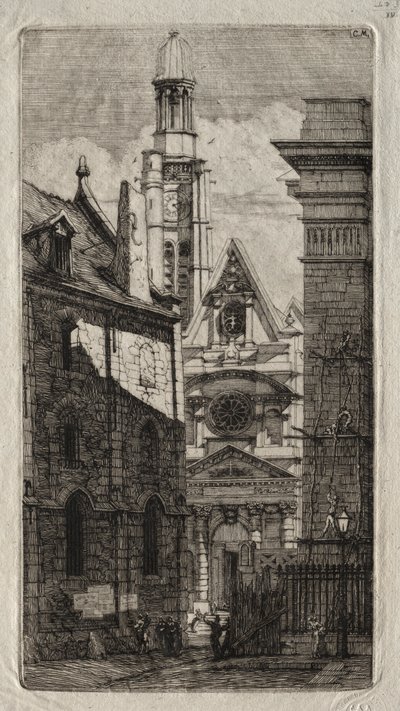 Pariisin etsaukset: Pyhän Tapanin vuorikirkko, 1852. tekijältä Charles Meryon