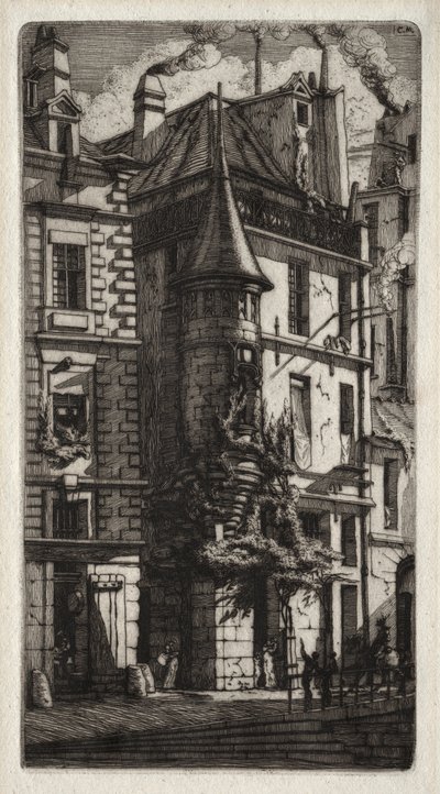 Pariisin etsaukset: Talo tornilla, Weavers Street, 1852. tekijältä Charles Meryon