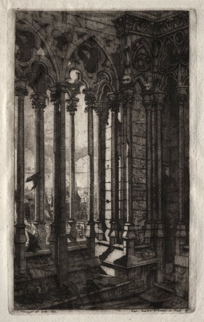 Pariisin etsaukset: Notre Damen galleria, 1853. tekijältä Charles Meryon