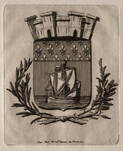 Pariisin etsaukset: Pariisin kaupungin symboliset käsivarret, 1854. tekijältä Charles Meryon