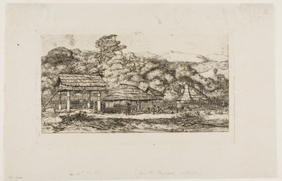 Alkuperäiskansojen latoja ja majoja Akaroassa, Banksin niemimaalla, 1845. tekijältä Charles Meryon