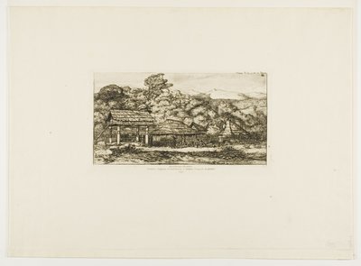 Alkuperäiskansojen latoja ja majoja Akaroassa, Banksin niemimaalla, 1845. tekijältä Charles Meryon