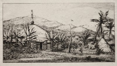 Uusi-Kaledonia: Suuri alkuperäiskota tiellä Baladesta Pueboon, 1845 tekijältä Charles Meryon