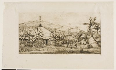 Uusi-Kaledonia: Suuri alkuperäiskota tiellä Baladesta Puépoon, 1845 tekijältä Charles Meryon