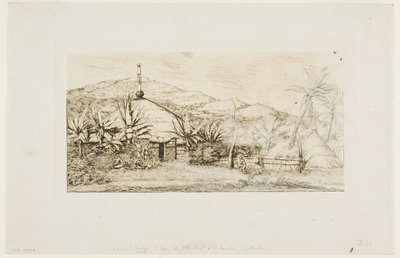 Uusi-Kaledonia: Suuri alkuperäiskota tiellä Baladesta Puépoon, 1845 tekijältä Charles Meryon