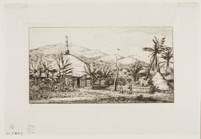 Uusi-Kaledonia: Suuri alkuperäiskota tiellä Baladesta Puépoon, 1845 tekijältä Charles Meryon