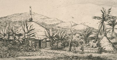 Uusi-Kaledonia, Uusi-Kaledonia: suuri alkuperäiskota Poepon kävelytiellä, kuva teoksesta "Etching of the Pacific...", 1863 tekijältä Charles Meryon