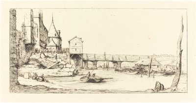 Passerelle du Pont-au-Change, Pariisi, vuoden 1621 jalkasillan tulipalon jälkeen..., 1860. tekijältä Charles Meryon