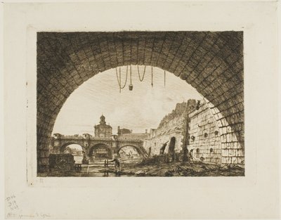 Pont-Neuf ja Samaritaine nähtynä Pont-au-Changen ensimmäisen kaaren alta, Pariisi tekijältä Charles Meryon