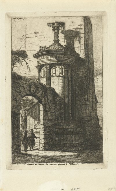 Portti Ateenan ranskalaisten kapusiinien luostarin sisäänkäynnissä Entrée du convent des Capucins Francais a Athenes (otsikko esineessä) tekijältä Charles Meryon