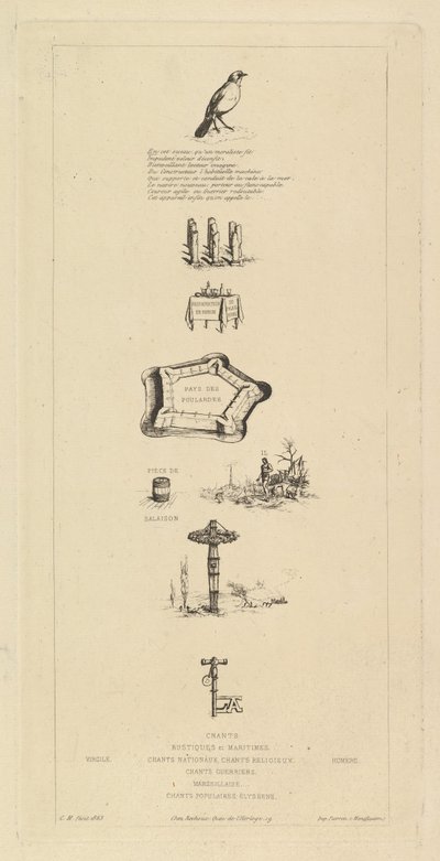Rebus: Béranger ei ollut todella vahva, sillä hänellä ei koskaan ollut avainta pelloille, 1863. tekijältä Charles Meryon