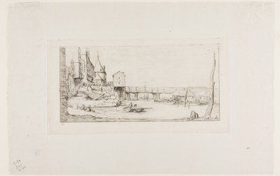 Jalankulkusilta, joka korvaa väliaikaisesti Pont-au-Changen Pariisissa vuoden 1621 palon jälkeen tekijältä Charles Meryon