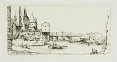 Jalankulkusilta, joka korvaa väliaikaisesti Pont-au-Changen Pariisissa vuoden 1621 palon jälkeen tekijältä Charles Meryon