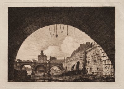 Uusi silta ja Samaritaine nähtynä ensimmäisen kaaren alta..., 1855. tekijältä Charles Meryon