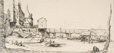Jalankulkusilta, joka tilapäisesti korvaa Pont-au-Changen Pariisissa vuoden 1621 palon jälkeen, af..., 1860. tekijältä Charles Meryon