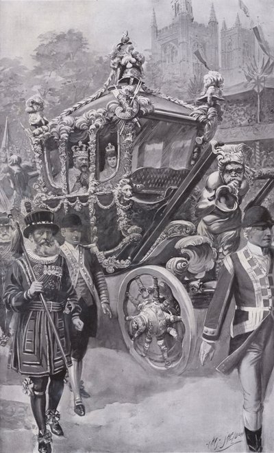 Kuningas Edward VII ja kuningatar Alexandra osavaltion valmentajassa palaamassa kruunajaisistaan Westminster Abbeystä Lontoossa tekijältä Charles Mills (after) Sheldon