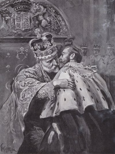 Kuningas Edward VII syleilee poikaansa Walesin prinssiä kuninkaan kruunajaisissa Westminster Abbeyssa Lontoossa tekijältä Charles Mills (after) Sheldon