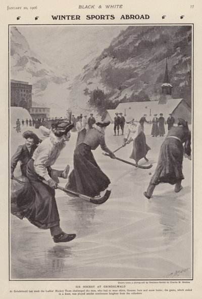 Pelaa jääkiekkoa Grindelwaldissa, Sveitsissä (litho) tekijältä Charles Mills (after) Sheldon