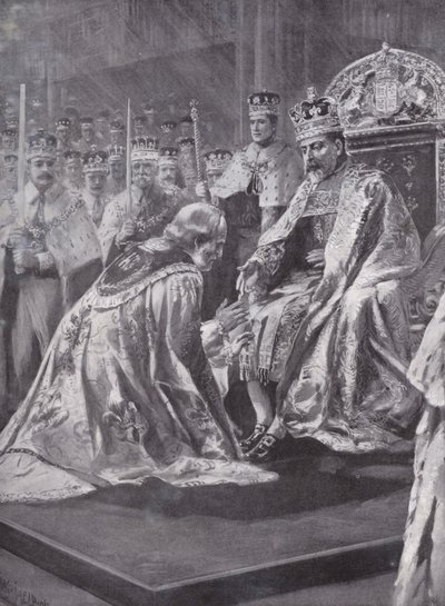 Canterburyn arkkipiispan kunnianosoitus kuningas Edward VII:n kruunajaisissa, Westminster Abbey, Lontoo, 1902 tekijältä Charles Mills after Sheldon