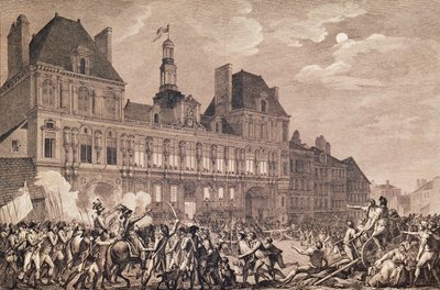 Robespierre, Saint-Just, Couthon ja Hanriot turvautumassa Hotel-de-Villeen Pariisissa, 9 Thermidor Year II (27. heinäkuuta 1794) 1800 tekijältä Charles Monnet