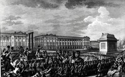 Päivä 21. tammikuuta 1793: Ludvig XVI:n (1754-93) kuolema Place de la Revolutionissa, kaiverrus Isidore Stanislas Helman (1743-1809) 1793 tekijältä Charles Monnet