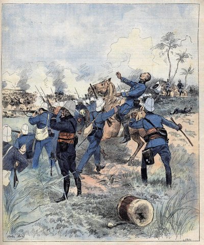 Komentaja Faurax kuoli Dogban taistelussa 19. syyskuuta 1892 Dahomeyssa (nykyinen Benin) vuoden 1892 aquerelle de Morelin jälkeen. tekijältä Charles Morel