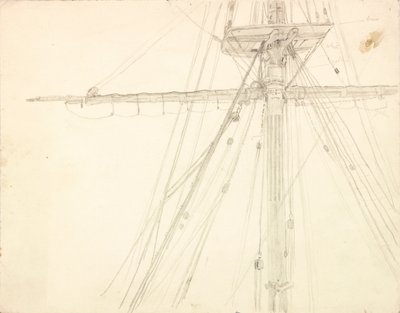 Yksityiskohta mastosta ja takilakynästä paperilla tekijältä Charles Napier Hemy
