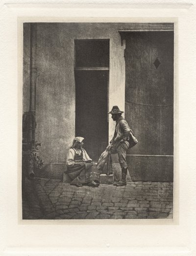 Planche IV - Pifferaro Debout et Paysanne Italienne Assise, dans la Cour du 21 Quai Bourbon (Levy IV - Pifferaro seisova ja italialainen talonpoika istuva, Quai Bourbon 21:n hovissa),1854, painettu 1982 (kuva) tekijältä Charles Nègre