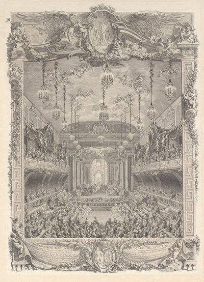 Versaillesiin rakennetun auditorion koristelu esitystä varten ..., n. 1745. tekijältä Charles Nicolas Cochin