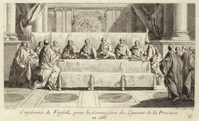 Konferenssi Languedocin katolisen liiton jäsenten esittämistä varten. tekijältä Charles Nicolas II Cochin