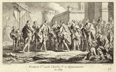 Ranskan kuningas Francis I ottaa vastaan keisari Kaarle V:n Aigues-Mortesissa tekijältä Charles Nicolas II Cochin