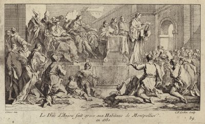 Anjoun herttua Ludvig I, Ranskan kuningas Kaarle VI:n sijaishallitsija, kiittää Montpellierin kansaa. tekijältä Charles Nicolas II Cochin