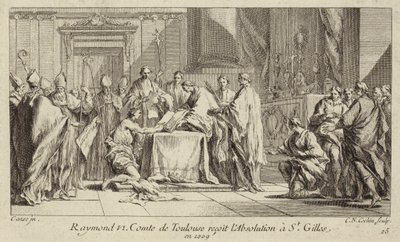 Raymond VI, Toulousen kreivi, nöyrtyy St Gillesin kirkossa saadakseen kirkonkirouksen kumottua. tekijältä Charles Nicolas II Cochin