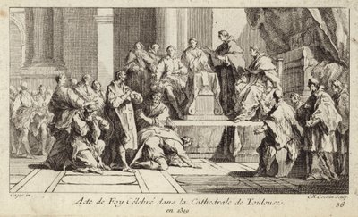 Katuvat kataarit julistamassa uskoaan katoliseen uskontoon Toulousen katedraalissa Ranskassa tekijältä Charles Nicolas II Cochin
