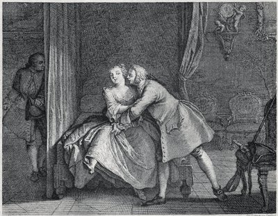 Korvavalmistaja ja muottihyllykuva Les contes de La Fontainen, noin 1743”. kaiverrus Charles-Nicolas Cochin (1715-1790). tekijältä Charles Nicolas II Cochin