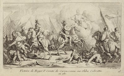 Carcassonnen kreivin Roger I:n voitto Oliba Cabretalta, 981 (kaiverrus) tekijältä Charles Nicolas II Cochin
