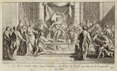 Ranskalainen Charles VIII kuulee Languedocin kansanedustajia Toursin kenraalissa tekijältä Charles Nicolas II Cochin