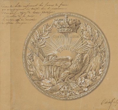 Suunnitelma mitalille vuosien 1830 ja 1830 peruskirjan muistoksi. tekijältä Charles Nicolas Odiot