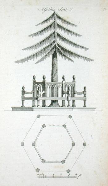 Gothic Seat, teoksesta "Ornamental Architecture in the Gothic, Chinese and Modern Taste", julkaistu 1758 (kaiverrus) tekijältä Charles Over