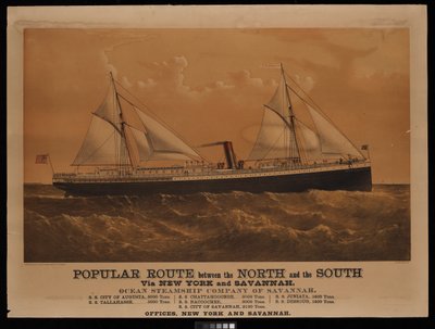 Suosittu reitti pohjoisen ja etelän välillä New Yorkin ja Savannahin kautta, Savannahin Ocean Steamship Company... City of Augusta... (litografia, värillinen) tekijältä Charles Parsons