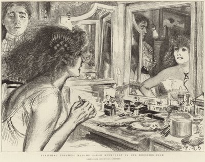 Madame Sarah Bernhardt pukuhuoneessaan (litho) tekijältä Charles Paul (after) Renouard