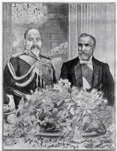 Sydämellinen: Ranskan presidentin Emile Loubetin vierailu Lontooseen - juhla Ranskan suurlähetystössä - kuningas Edward VII ja Loubet - piirtänyt Paul Renouard The Graphic -sanomalehdelle. heinäkuuta 1903. tekijältä Charles Paul Renouard